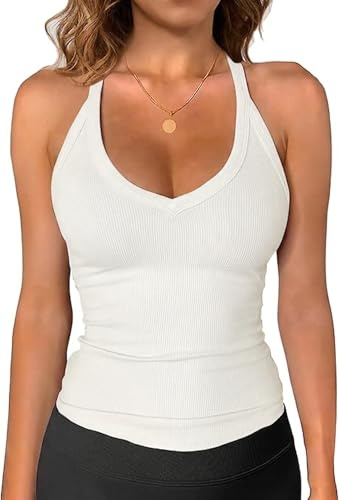 Imily Bela - Top da donna, sexy, con spalline a spaghetto, con scollo a V, racerback, tank top, estivo, slim fit, sportivo, a coste, camicia, bianco, XL