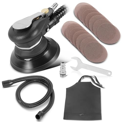 STAHLWERK Druckluft Exzenterschleifer DES-125 ST mit 14er Set Gitternetz-Klett-Schleifscheiben P60-P320 Druckluftschleifer mit 125 mm Schleifteller | Poliermaschine mit Absaugsystem und Staubsack