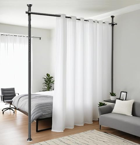 Raumteiler Paraventgestell Gardinenstange 177 x 305cm, Flexibilität Verstellbare Paravent, Raumteiler Trennwand, ohne Bohren, für Schlafzimmer oder Büro (Schwarz)