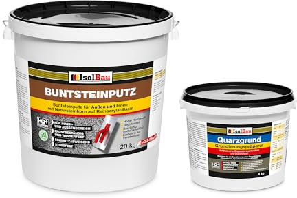 Isolbau BP60 Enduit de pierre colorée pour l'extérieur et l'intérieur (blanc, sable/jaune) 20 kg – Enduit mosaïque résistant au gel, à l'eau et aux chocs – Avec base en quartz 4 kg