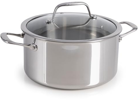 T-Fal Pro Tri-Ply Stainless Steel Large Dutch Oven Pot with Lid, 6 Quart Induction Pot, Oven Safe 500F, Lid 350F, Fast & Even Heat, Professional Quality & Durability, Silver