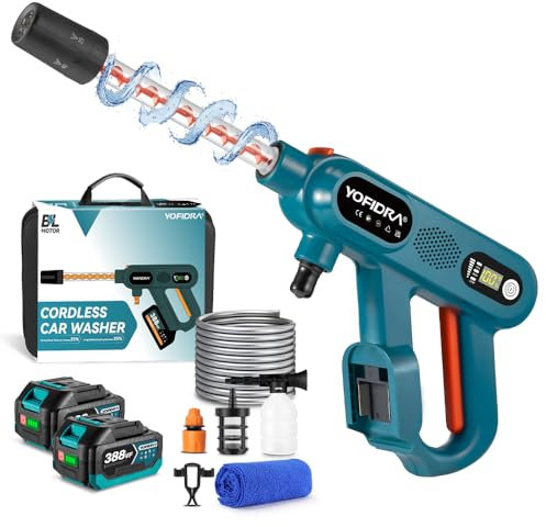 YOFIDRA 18V Akku-Hochdruckreiniger, 200 Bar Tragbarer Hochdruckreiniger, 5 in 1 Multidüse mit 2X 3,0Ah Akkus und Ladegerät für Autos