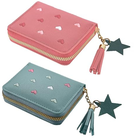 2 Pcs Girls Purse, Cute and Fashionable Purse, Comfortable and Durable Girls Wallet, Embroidered Love Coin Purse, Suitable for Children, Teenage Women Gifts (Pink, Blue)