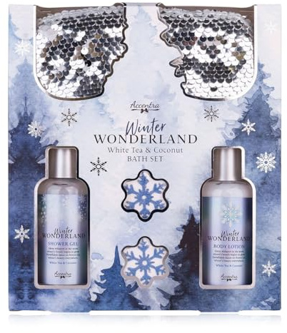 Accentra Badset WINTER WONDERLAND i gåvobox, för kvinnor, duschgel, bodylotion, 2x badbomber, sovmask med paljetter, doft: Vitt Te & Kokos, wellness jul