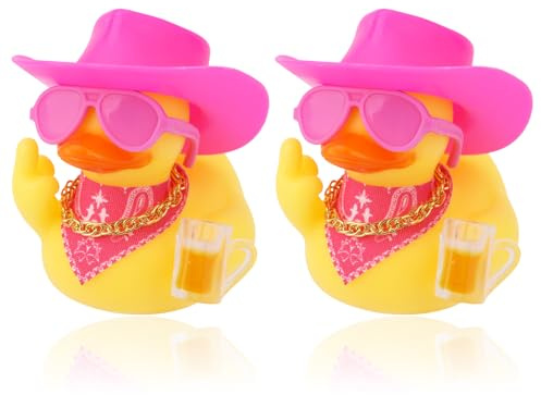 Fukaisu 2 Uds Patitos de Goma Divertido para Salpicadero Coche, Bonitos Pato de Goma con Minigafas Sombrero Bufanda Accesorios para el Hogar la Oficina y el Refrigerador (Rosa)