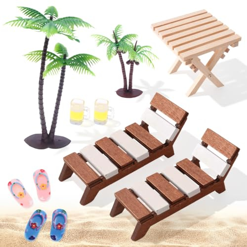 YiiHHooN Set de 9 Decoraciones Miniatura de Playa, Silla de Playa Miniatura con Tumbonas Mesa Árboles Botellas y Chanclas, Accesorios de Madera y Plástico para Casa de Muñecas y Fotografía
