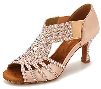 TTdancewear Ballroom Dance Shoes Women Rhinestone Latin Salsa Dance Shoes Practice Low Heels 2.5 (8,Nude)