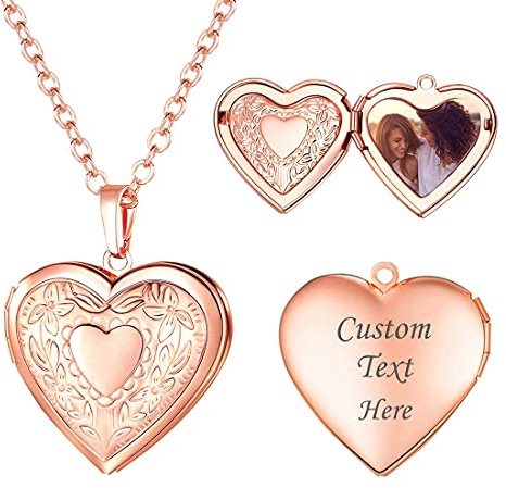 U7 Collier Médaillon Photo Femme Plaqué Or Rose Chaîne Pendentif Coeur Ouvrable avec Gravure Fleurs Locket