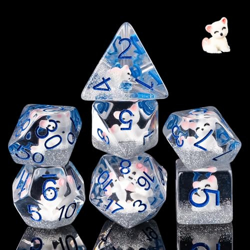 Cusdie 7-teiliges Polyedrisches DND-Würfel-Set, gefüllt mit Tieren, für Rollenspiele, Dungeons and Dragons, D&D-Würfel, MTG Pathfinder (Weißer Fuchs)