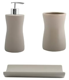 MSV Bad Accessoires Badezimmerzubehörset Palma 3-teilig - Seifenspender, Seifenschale, Zahnputzbecher Taupe