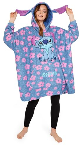 Disney Stitch Übergroße Hoodie Decke Damen Teenager, Fleece Oversized Kapuzenpullover mit Ärmeln One Size - Frauen Geschenke (Blau/Rosa Stitch)