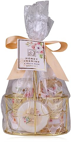 Accentra – Duschset Frauen Geschenkset HONEY JASMINE in wunderschönem Drahtkorb – 3-teiliges Pflegeset mit Duschgel, Bodylotion und Seife – Wellness Geschenk Set zum Geburtstag, Valentinstag