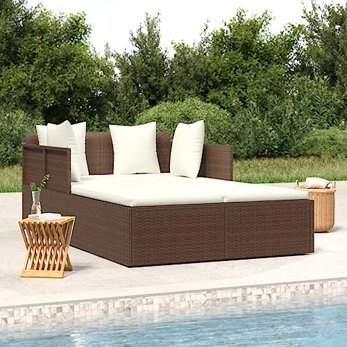 Homgoday Tumbona Doble de Jardín con 2 Cojines para 2 Personas Cama Balinesa de Ratán Cama Exterior Jardin Terraza Exterior Porche 182x118x63 cm(Marrón)