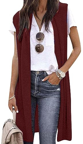 OMZIN Chaleco largo ligero sin mangas de color sólido para mujer, chaleco largo con bolsillo, granate, S