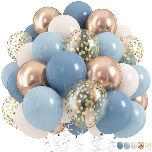 Dusty Blue Balloon Set, 60Pcs 12 Inch Slate Muted Baby Blue Fog Pastel Light Blue White Sand Balloon with Metallic Confetti Champagne Gold Balloons for Boy Birthday Party Baby Bridal Shower Decortaion
