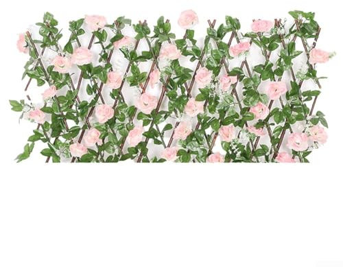Expandable Wooden Lattice Frame With Artificial Flower Privacy Barrier Garden Fence For Balcony Patio Deck Wall Decoration(Light pink)
