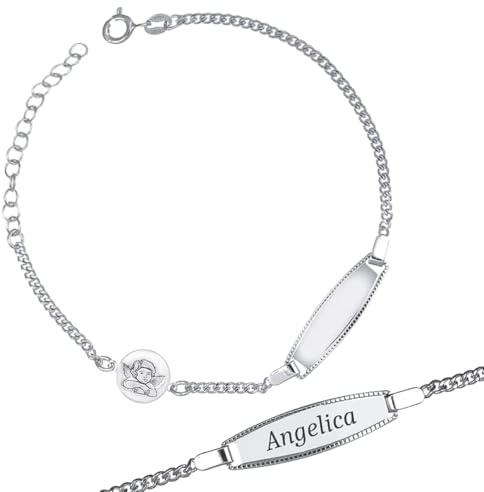Bracelet Enfant en Argent 925 avec Ange et Plaque Personnalisable – Idée Cadeau Naissance, Baptême, Communion