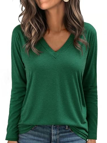 Aottori Maglia Donna Maglietta Scollo a V Maniche Lunghe Sottogiacca Leggero Oversize T-Shirt Elegante Larga Top Casual Basic Sexy Verde XL