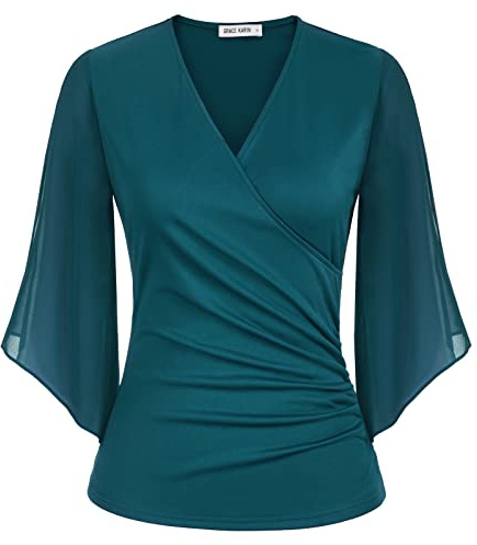 GRACE KARIN Elegant Wrap Tops for Women UK 3/4 Sleeve Slim Fit Work Blouses Chiffon Vintage Tops for Party Going Out Night M Size 12 Teal