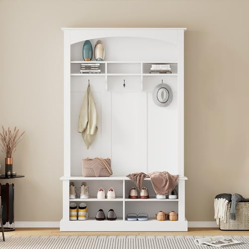 Gelukueub Set appendiabiti con panca e scarpiera multifunzionale, con 3 ganci, ripiano rettangolare e scaffale per corridoi, bianco, H190/B120/T40 cm