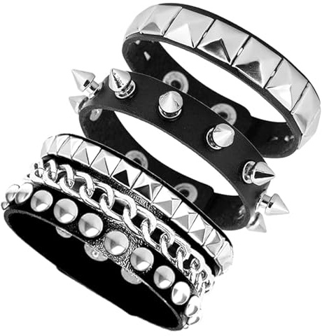CERCTLA 3 Pcs Punk Rock Leather Bracelets, Spiked Studded Bracelet, Gothic Hip-Hop Adjustable Wrap Wrist Cuffs, Punk Rock Studded Bracelets for Halloween Party Favors