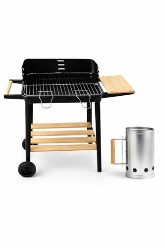 JARDIN202 - Barbacoa Rectangular de Carbón con Parrilla Cromada Arizona | Ruedas para Transporte | Bandeja de Madera | Grill Exterior | (Set BBQ + Encendedor)