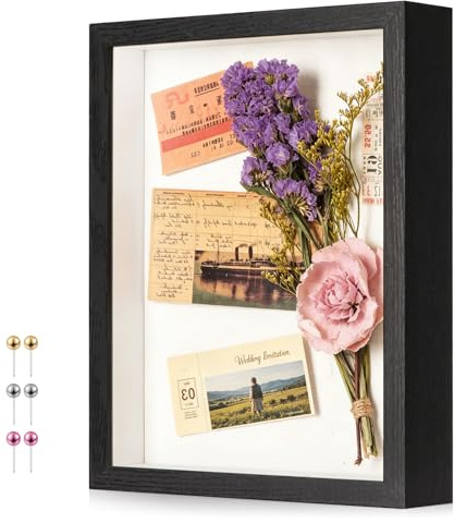 MGLIFEUL A4 Shadow Box Frame with Real Glass Panel & Soft Linen Back | With Push Pins and Stand, 1.5-inch Deep Black Shadow Box Display – Tabletop or Wall Mount for Photos, Crafts, and Keepsakes