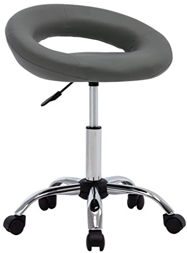 LoogCape Tabouret de travail à roulettes en cuir synthétique gris réglable en hauteur avec dossier, chaise pivotante pour bureau, tatouage, cosmétiques, cadre en acier durable, design ergonomique