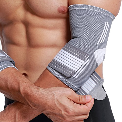 Neotech Care Elbow Brace Support Sleeve - Elastic & Breathable Fabric - Adjustable Compression Strap/Band - For Men, Women, Right or Left Arm (Grey Colour, Size M, 1 Pair)