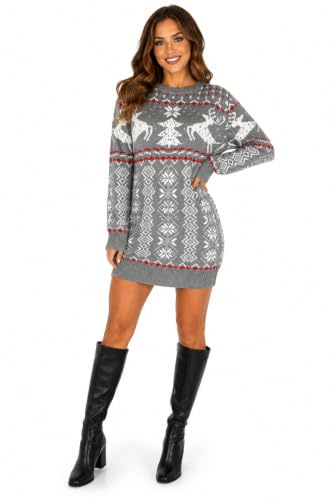 eBoutik - New Ladies Christmas Oversized Wool Jumper Dress - Festive Long Sleeve Winter Knitted Pullover - Perfect for Christmas Markets, Parties or Everyday Fashonalble Wear (Grey Christmas Tree)