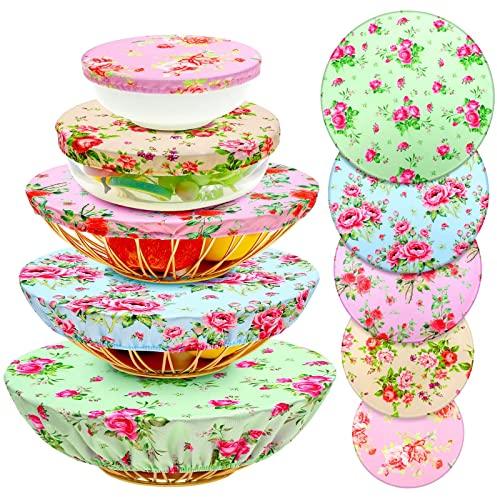 Patelai 10 Pcs Bowl Covers Reusable in 5 Size Stretch Cloth Fabric Elastic Food Storage Bowl Covers Bread Sourdough Lids for Proofing Food Fruits Leftover(Red, Pink, Green,Floral Style)