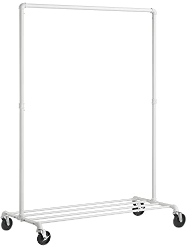 SONGMICS Kleiderständer, Kleiderstange, mit Rollen, bis 90 kg belastbar, Garderobenständer mit 1 Kleiderstange und Ablage, Industrie-Design, für Schlafzimmer, Waschküche, weiß HSR061W01
