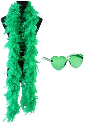 db11 Boas de plumas coloridas, boa de plumas de 6.5 pies para mujer, para baile, boda, fiesta, cosplay, Halloween, con gafas de sol sin borde de corazón (verde)