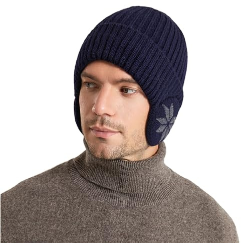 Bonnet Homme Femme Bonnet Hiver en Tricoté Polaire avec Cache-Oreilles Chapeau Coupe-Vent et Chaud Bonnet de Ski Unisexe Cagoule de Moto Velo Camping Sport 2 en 1 Casquette
