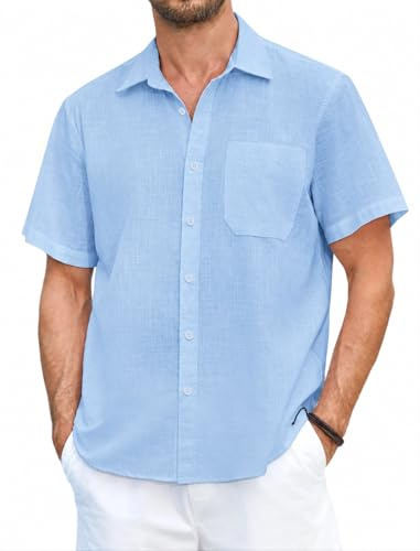 HISDERN Camisa Lino Hombre Manga Corta Casual Verano Color Sólido Camisas Elegante Algodón Camisa con Bolsillo con Botónes Shirt Regular Fit