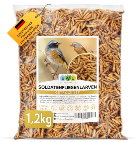 EWL Naturprodukte Soldatenfliegenlarven getrocknet, 1,2 kg (7,8 Liter) Soldatenfliegenlarven, Vogelfutter, Fischfutter, Schildkrötenfutter, Igelfutter mit Insekten
