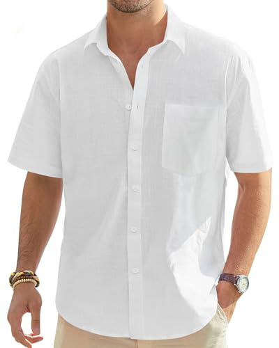 J.VER Men's Linen Shirts Casual Short Sleeve Button Down Shirt Fashion Summer Tops for Beach Vacation Wedding with Pocket White XL Tall