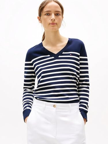 Tommy Hilfiger Damen Pullover Jersey Stitch V-Neck Strickpullover, Mehrfarbig (Her Stp Dark Night Navy/ Country Iv), M