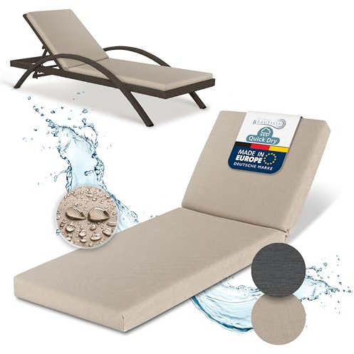 Beautissu Deckchair Auflagen für Gartenmöbel Wasserdicht Auflage Liege 190x60 cm Sonnenliege Auflage Outdoor Polster Wetterfest Schnell Trocknend Waschbar – Auflagen für Gartenliegen Beige