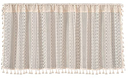 Lidzopas Kurze Küchenvorhänge, Leinen, hohle Verdunkelungsvorhänge, Boho-Stil, Bauernhaus-Stil, halber Vorhang für Waschküche, Badezimmer, Weinschrank, 150 x 60 cm