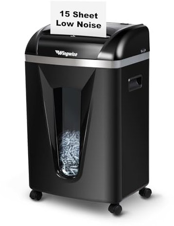 Wingwise 15-Sheet Paper Shredder with 58dB Quiet Operation, P4 Cross-Cut Security for Home Office, 15-Minute Run Time & 5.8-Gallon Bin – Shreds Credit Cards & CDs