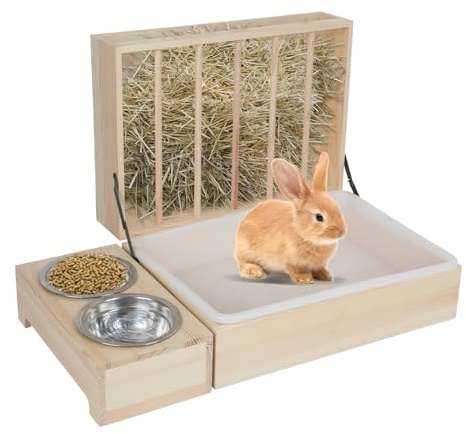 3 in 1 Rabbit hay feeder, Wooden rabbit hay rack, guinea pig Bunny hay feeder, Upgraded Hay Rack with Stainless bowls, toilet and hay rack, Grass Holder for rabbits, Chinchillas, rodents (3 in 1)