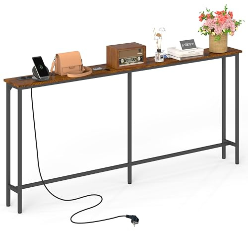 Konsolentisch Schmal 160 cm Breit Konsolentisch mit Steckdose, Flur Regal Schmaler Beistelltisch Sofa Couch für Eingang Flur Foyer Veranda Balkon Wohnzimmer Möbel/Braun&Schwarz/160x20x80cm-1 Stück