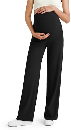 G4Free Maternity Trousers Over Bump Yoga Pants Work Trousers Stretchy Pregnancy Wide Leg Casual Office Wear(Black,M,32)