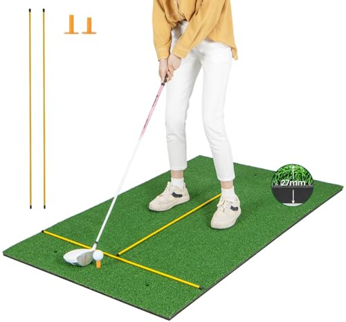 GOPLUS Tapete de Golf para Golpes, Tapete de Césped Artificial para Interior y Exterior, Alfombrilla de Golf con 2 Varillas de Alineación y 2 Tees para Amantes y Principiantes (152x117cm/27mm)
