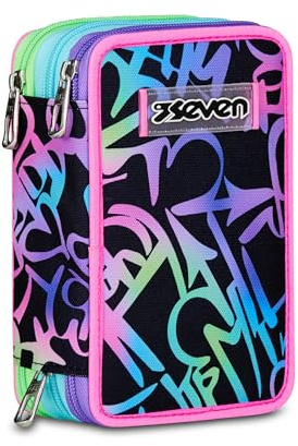 Seven Skolväska 3 dragkedja, fuchsia, pennhållare trippelfack komplett med pennor, blyertspennor, färger, ryggsäckstillbehör, grundskola, flicka, Fuchsia, Modern