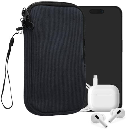 kwmobile Universal Smartphone Sleeve - Corduroy with Hand Strap and Zipper Closure - Internal Mesh Pocket - Mobile Phone Sleeve Pouch - Neoprene Phone Sock - Navy Blue