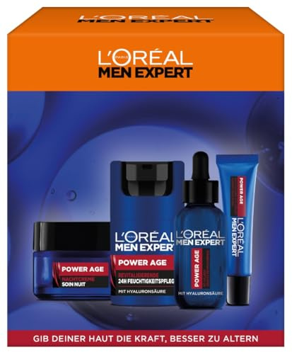 L'Oréal Men Expert Pflegeset gegen Falten für Männer, Geschenkset mit Augenpflege, Serum, Tag & Nachtcreme, Geschenke für Herren mit Hyaluronsäure, Power Age, 2 x 50 ml, 1 x 30 ml, 1 x 15 ml