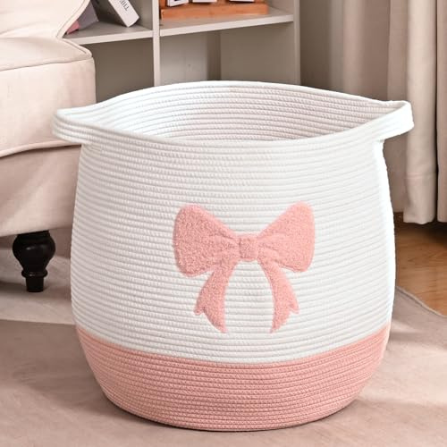 Large Baby Laundry Hamper, Pink Bow Laundry Basket for Baby Girl, Toy and Blanket Storage Basket for Nursery and Playroom, Cotton Rope Hamper for Kids, 17.7x15.7