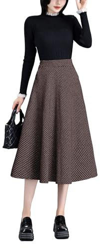 BiilyLi Gonna Lunga Invernale Donna Vintage Vita Alta Scozzese Gonne Elegante A-Linea Midi Skirt con Tasca Cachi -S(Vita Elastica: 66 cm)